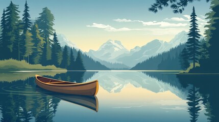Obraz premium Serene lake scene with a canoe, surrounded by mountains and pine trees at dawn.
