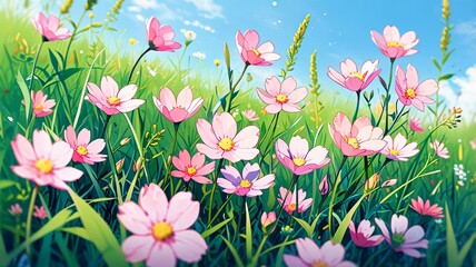 Flat Lay of Fresh Spring Flowers in Bloom on Soft Pastel Blue Background