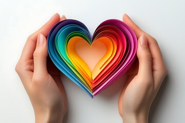 Hands Holding Rainbow Paper Heart on White Background