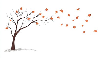 A solitary tree shedding orange leaves in a gentle breeze against a white background