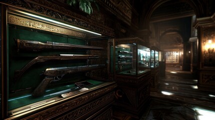 Obraz premium Display of antique firearms in a richly decorated museum setting with elegant lighting