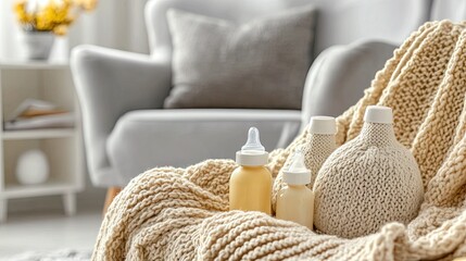 A warm blanket with a feeding pillow next to baby bottles.