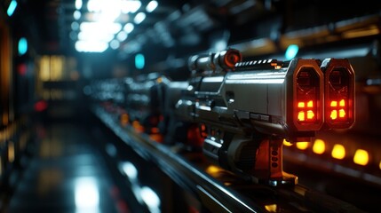 Futuristic corridor showcasing advanced weaponry with glowing elements and sleek design