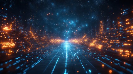 Fototapeta premium Neon Cityscape in the Cosmos: A Futuristic Digital Highway