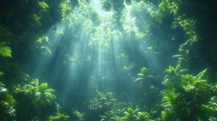 Obraz premium Enchanted Forest: Sunbeams Illuminating Lush Tropical Canopy