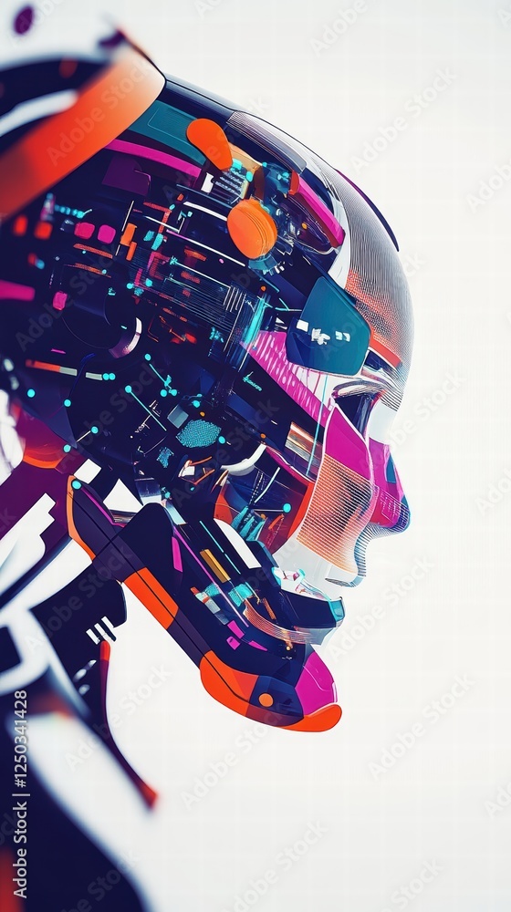 Aufkleber artificial intelligence robot head with digital interface projections, futuristic portrait,