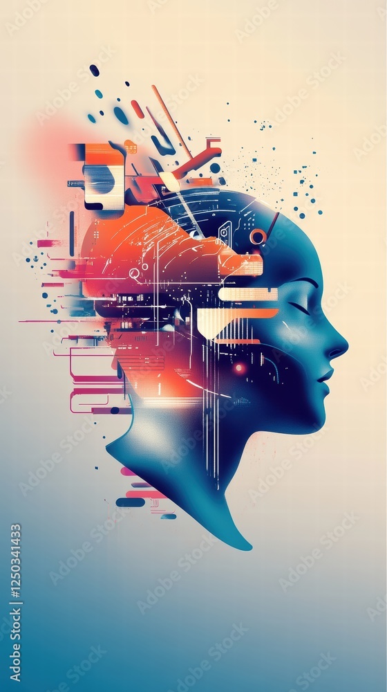 Poster artificial intelligence robot head with digital interface projections, futuristic portrait,