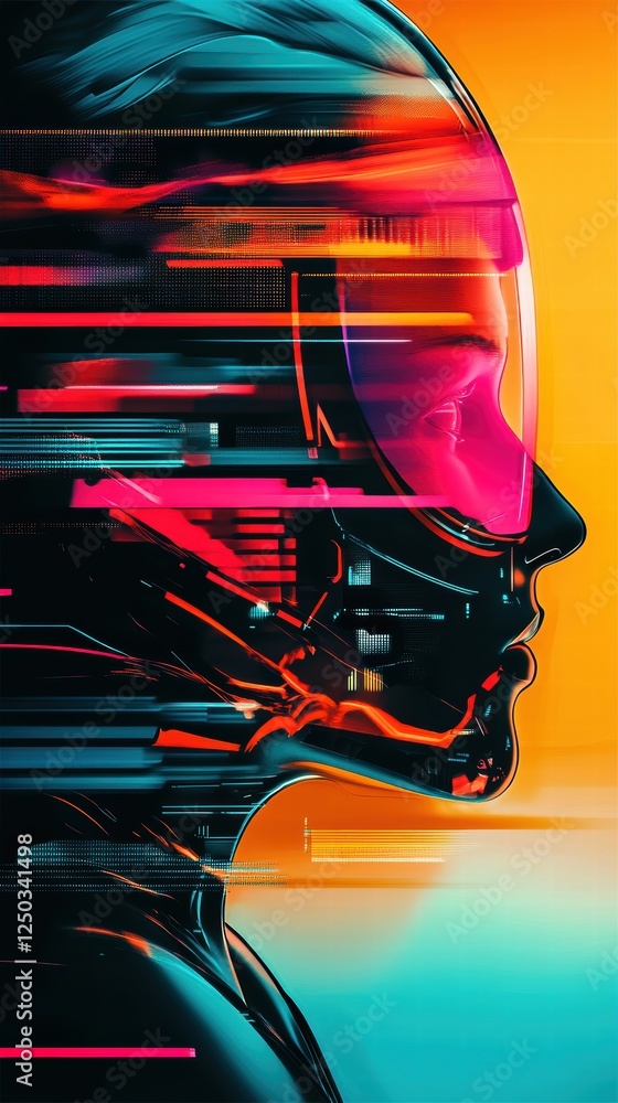 Poster artificial intelligence robot head with digital interface projections, futuristic portrait,