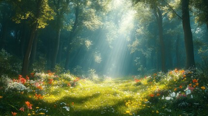 Sunlit Forest Glade with Blooming Wildflowers