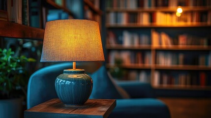 Cozy reading nook with a warm lamp illuminating a stylish blue chair and a bookshelf backdrop