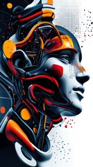 Obraz premium Cybernetic human face with biomechanical details and digital HUD elements,