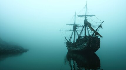 Mysterious fog envelops an abandoned ship anchored in still waters, creating an eerie atmosphere