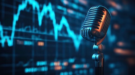 Glowing retro microphone with a blue stock market chart background, suitable for podcast or radio