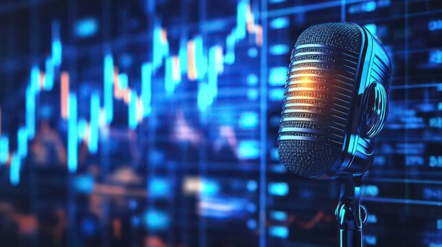 Glowing retro microphone with a blue stock market chart background, suitable for podcast or radio