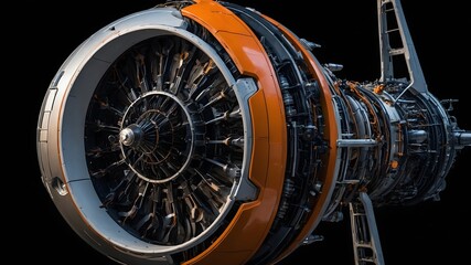 A complex design of spacecraft engine with exposed mechanical parts, including orange-tinted panels, 
intricate wiring, and a large circular turbine at the front.