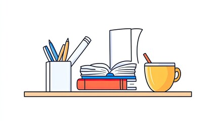 A cozy study scene featuring a stack of books, a cup of coffee, and stationery on a desk
