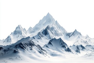 Fototapeta premium Majestic mountain range with towering peaks, isolated against a pristine white backdrop, captured in a highly detailed and sharp photograph.