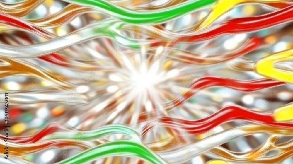 Poster abstract colorful swirls radiating from a central light source.