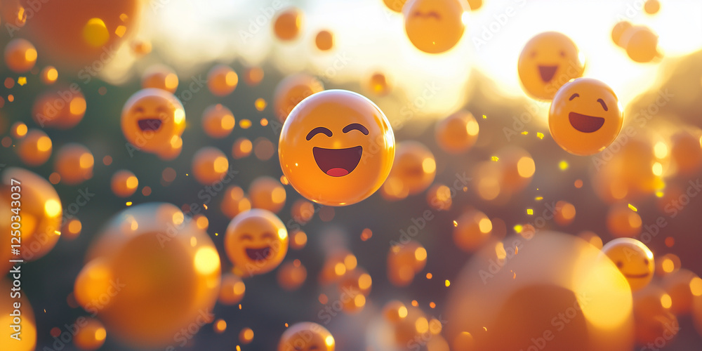 Poster cheerful floating emoji balls in a bright environment surrounded by sparkles and soft light capturin