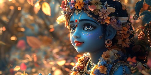 Krishna, the Hindu God, Portrait with Flowers