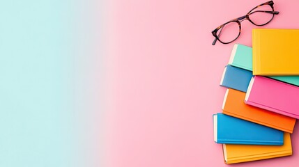 Colorful notebooks stacked on a pastel background with glasses, ideal for study or organization