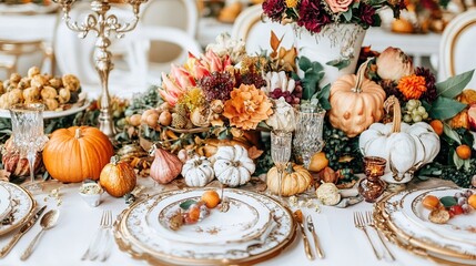 Autumnal wedding table setting, opulent decor, banquet hall, Thanksgiving