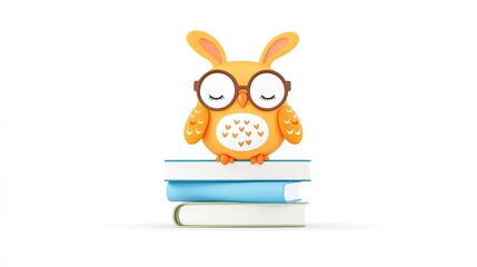 Cute cartoon owl with glasses sitting on a stack of colorful books, symbolizing education and learning