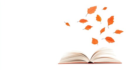 An open book with pages fluttering, surrounded by falling orange leaves, symbolizing autumn