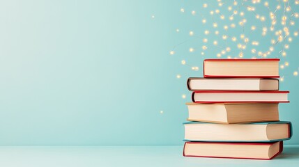 Stack of colorful books on a light blue background with glowing fairy lights above, creating a dreamy ambiance