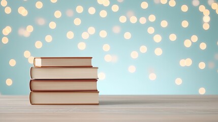 Stacked books on a wooden table with a dreamy bokeh background of soft, glowing lights