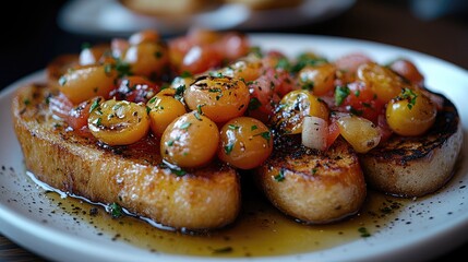 Deliciously plated bruschetta topped with colorful tomatoes and herbs on a rustic table setting