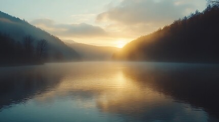 Fototapeta premium Misty Sunrise over Mountain Lake