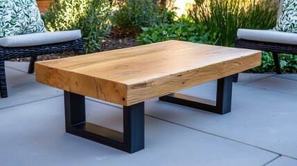 Stylish wooden coffee table in outdoor setting.