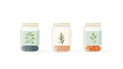 Three jars containing various seeds and plants, showcasing botanical diversity on a clean background