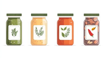Assorted jars of sauces and condiments with herbal designs on labels, set against a clean background