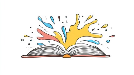 An open book with colorful splashes of paint emerging, symbolizing creativity and imagination