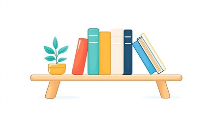 A colorful collection of books on a wooden shelf with a potted plant beside them