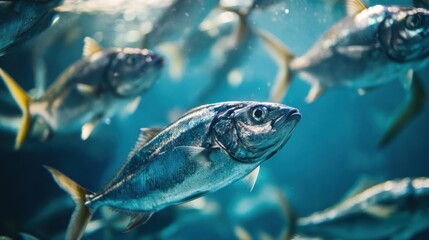 School of Fish Swimming Together in Crystal Clear Blue Ocean Water