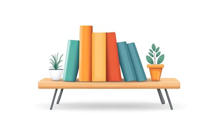 Colorful books on a wooden shelf with potted plants, creating a cozy reading atmosphere