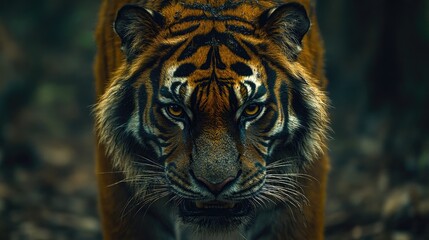 Majestic tiger prowling through dense jungle, showcasing its fierce gaze amidst lush greenery