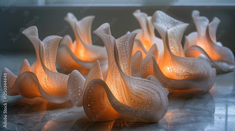 Poster glowing abstract sculptures with intricate patterns and warm ambient lighting