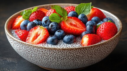 A vibrant bowl of chia pudding topped with fresh strawberries and blueberries, set on a dark surface