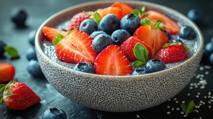 Vibrant bowl of mixed berries with strawberries and blueberries on a dark textured background