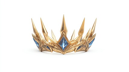 An ornate golden crown adorned with blue gemstones, showcasing intricate spikes and elegant design, perfectly suited for royalty or special occasions, against a white isolated back