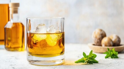 Chilled whisky with ice and mint garnish.