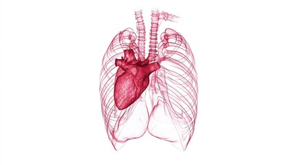 Anatomical illustration of human lungs with a heart, showcasing intricate details of the respiratory and circulatory systems on a white background.