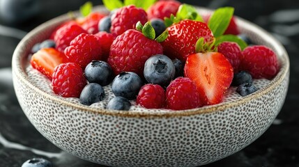 Fresh mixed berries in a textured bowl on a dark marble surface, showcasing vibrant colors and textures