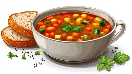 A vibrant bowl of vegetable soup garnished with herbs, accompanied by slices of bread on a table