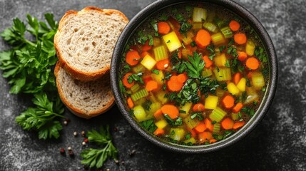 Fresh vegetable soup served in a bowl with slices of bread on a textured dark surface