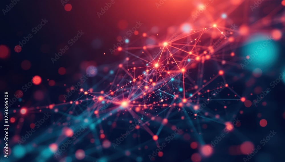 Poster abstract network of glowing nodes and connecting lines in deep blue and red tones
